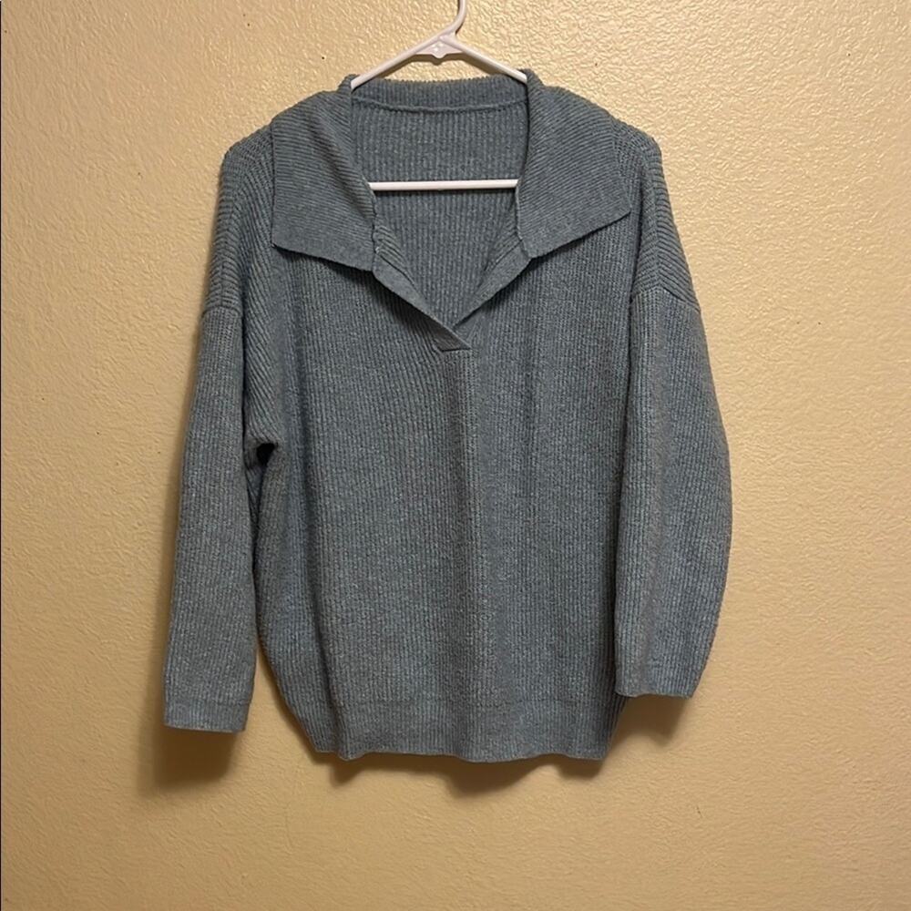Gray Blue V-Neck Knit Sweater